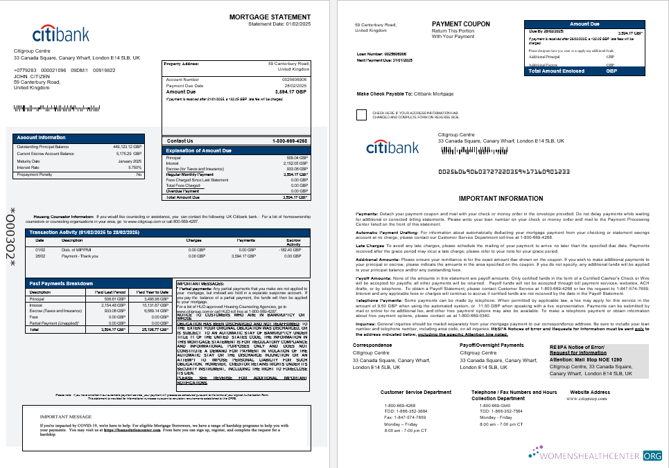 Download United Kingdom Citibank bank mortgage statement in Word and PDF formats 1 2 Photoshop template